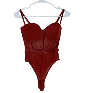 NWT Forever 21 Bodysuit Women Sz M Brick Red New Polka Dot Mesh Corset Underwire